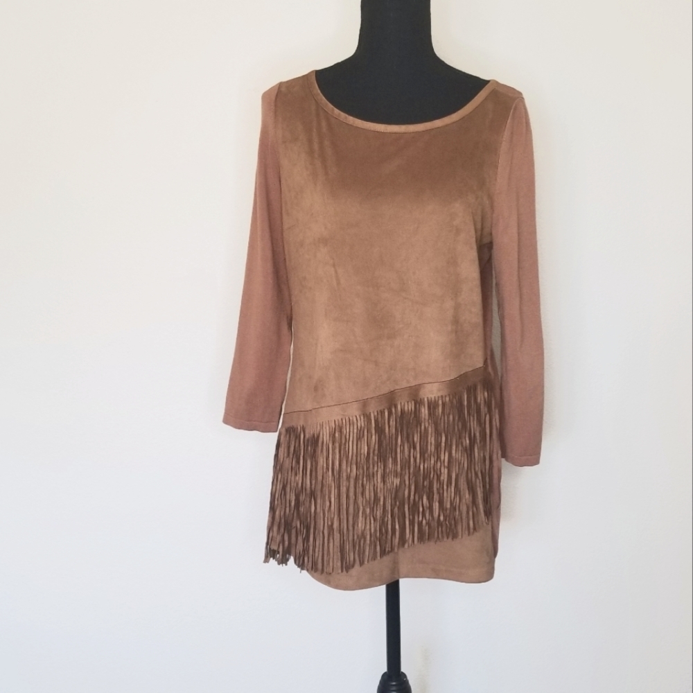 INC International Concepts fringe pullover western tunic sweater Brown M